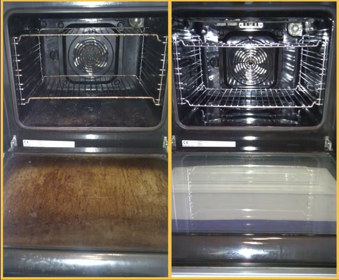 An oven interior before and after cleaning, brown baked-on grease on the left and clean glass on the right