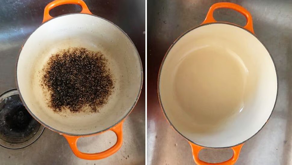 A pan with burnt coffee residue before and after cleaning
