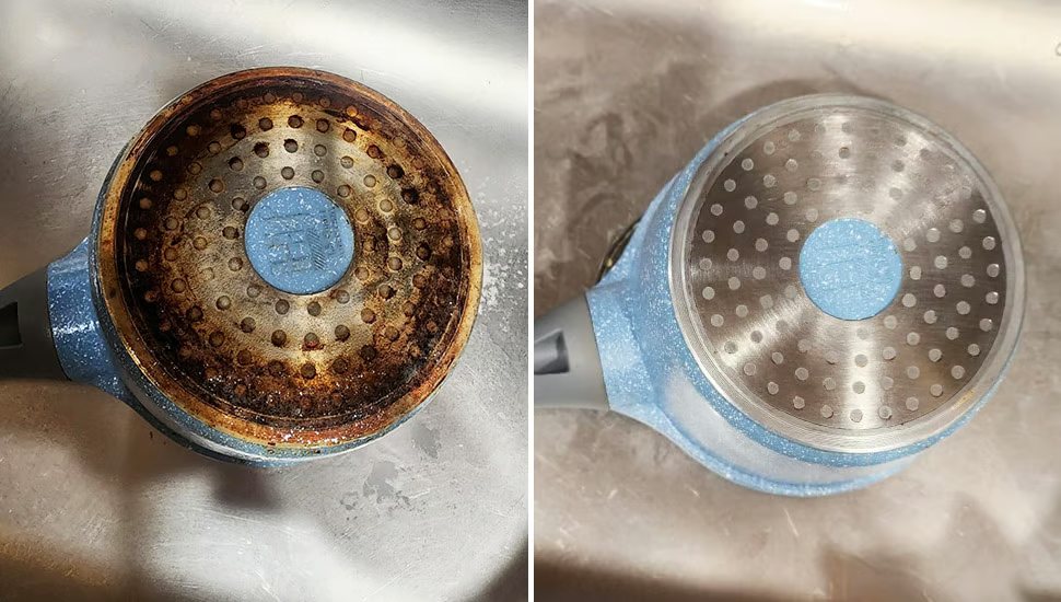 A burnt pan lid before and after cleaning