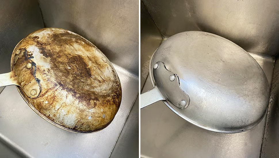 A scorched aluminium pot before and after cleaning