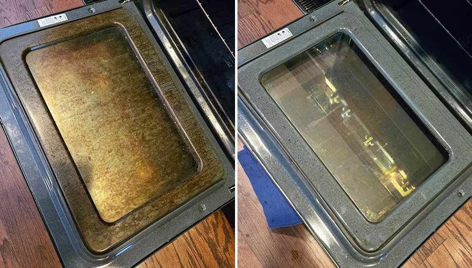 Oven door glass before and after, opaque brown then clear