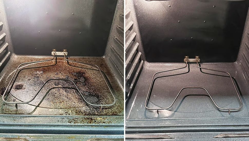 Oven interior and heating element before and after cleaning